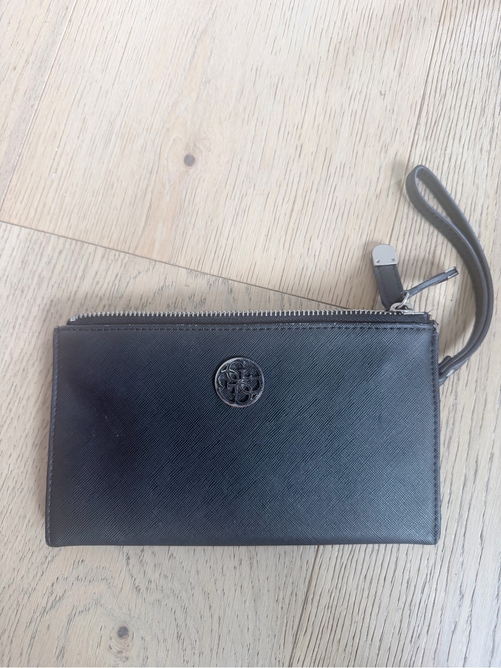 Guess Black Saffiano Leather Wristlet with Logo Medallion